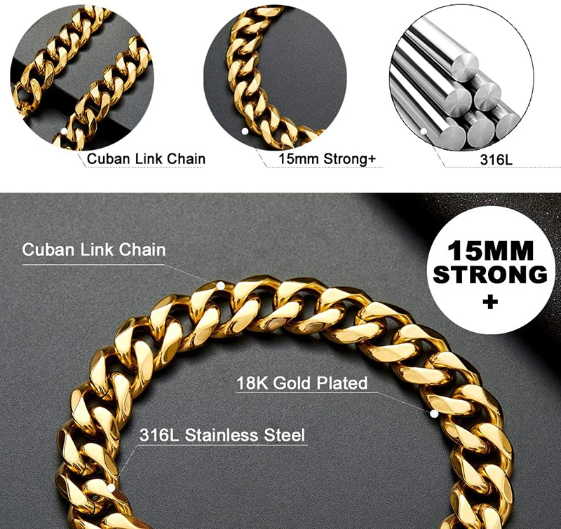 15mm Stainless Steel Dog Collar Custom Collares de Acero Inoxidable Gold Dog Choke Collar Miami Cuban Link Dog Chain