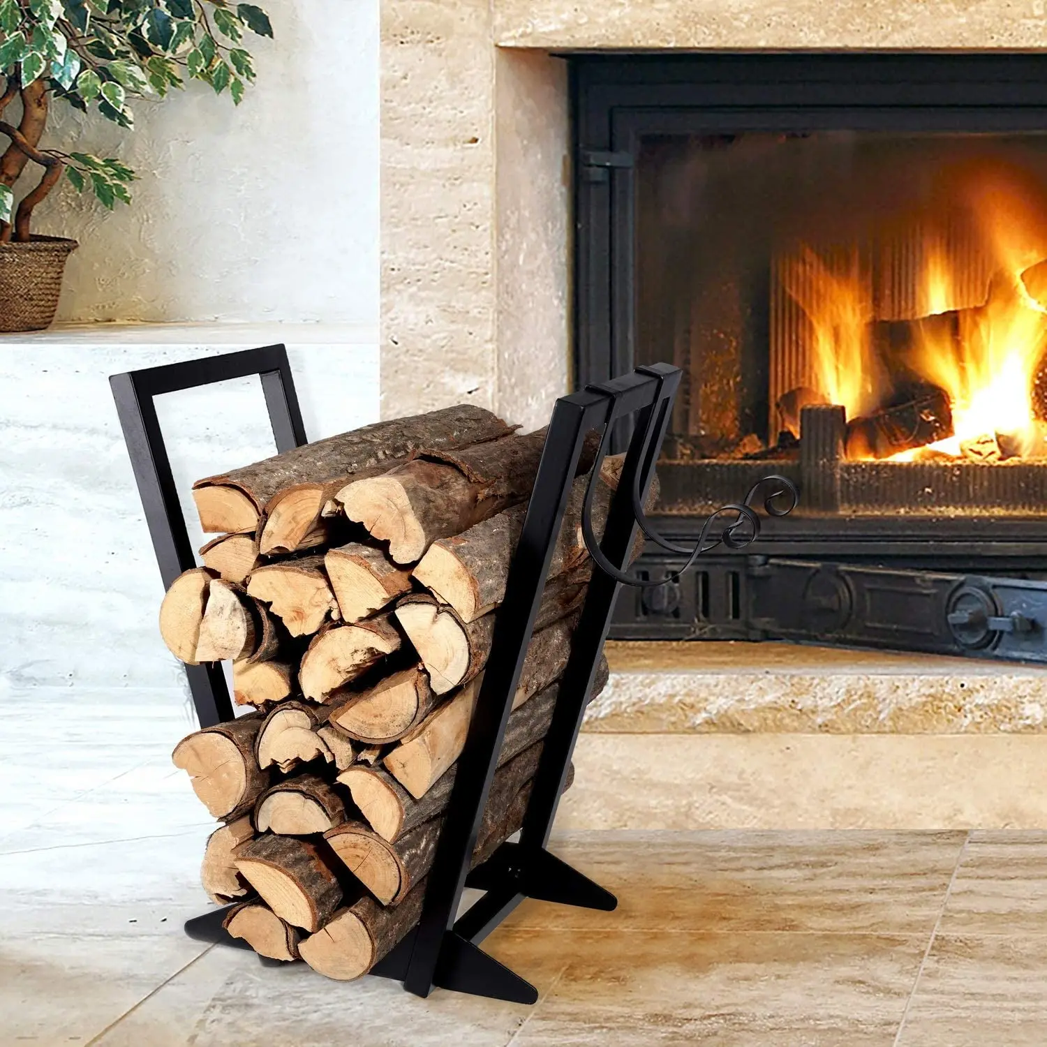 Firewood Holder 22 Inch Black Heavy Duty inner door Metal Firewood Rack with Kindling Holder