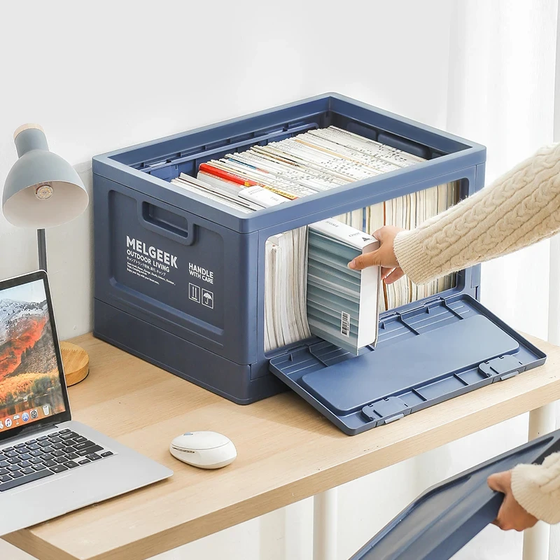 A foldable lidded storage box for dormitories, classrooms and homes, perfect for storing books, clothes, toys, drinks and belong