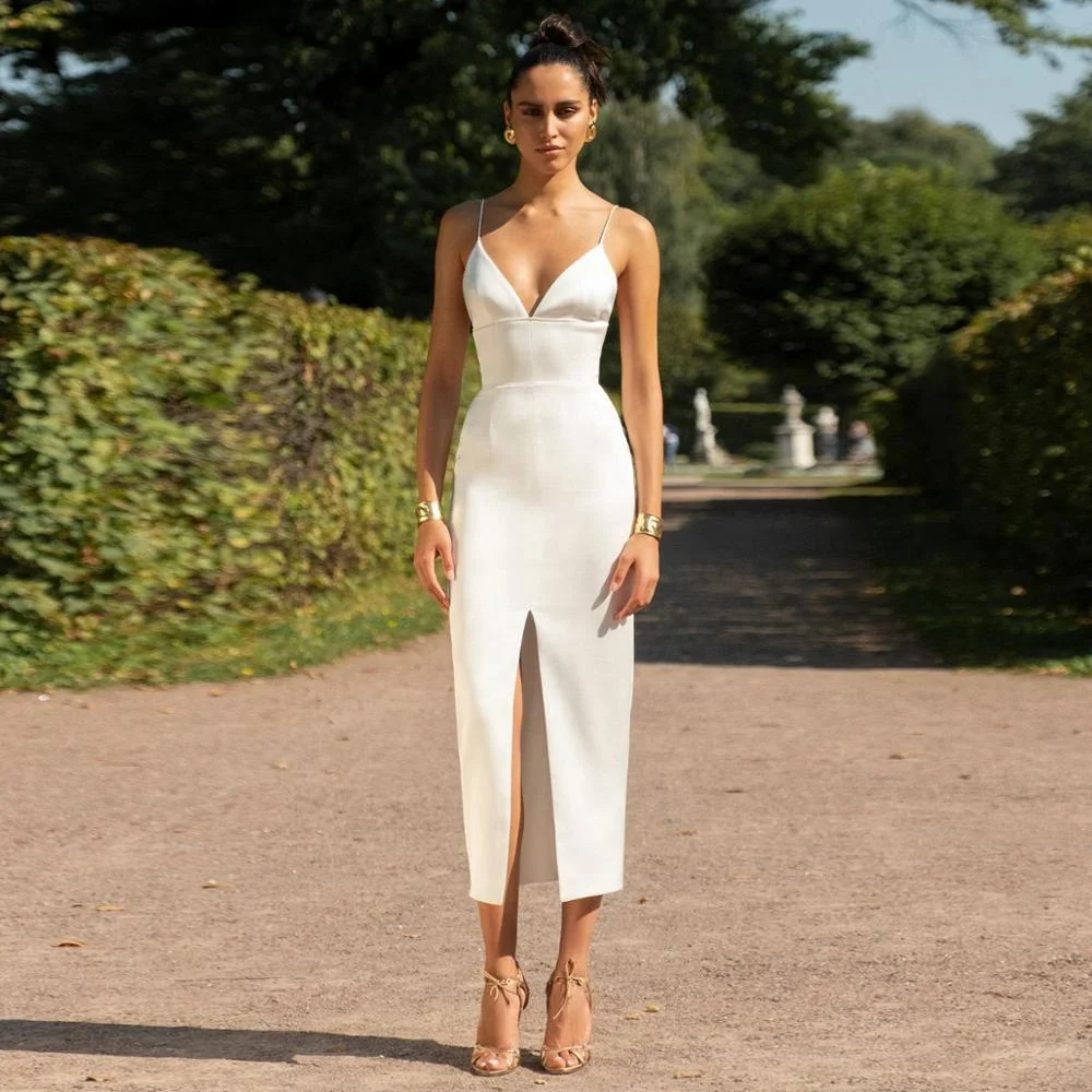 Женское вечернее платье на бретельках, Белое Облегающее Платье с V-образным вырезом и открытой спиной