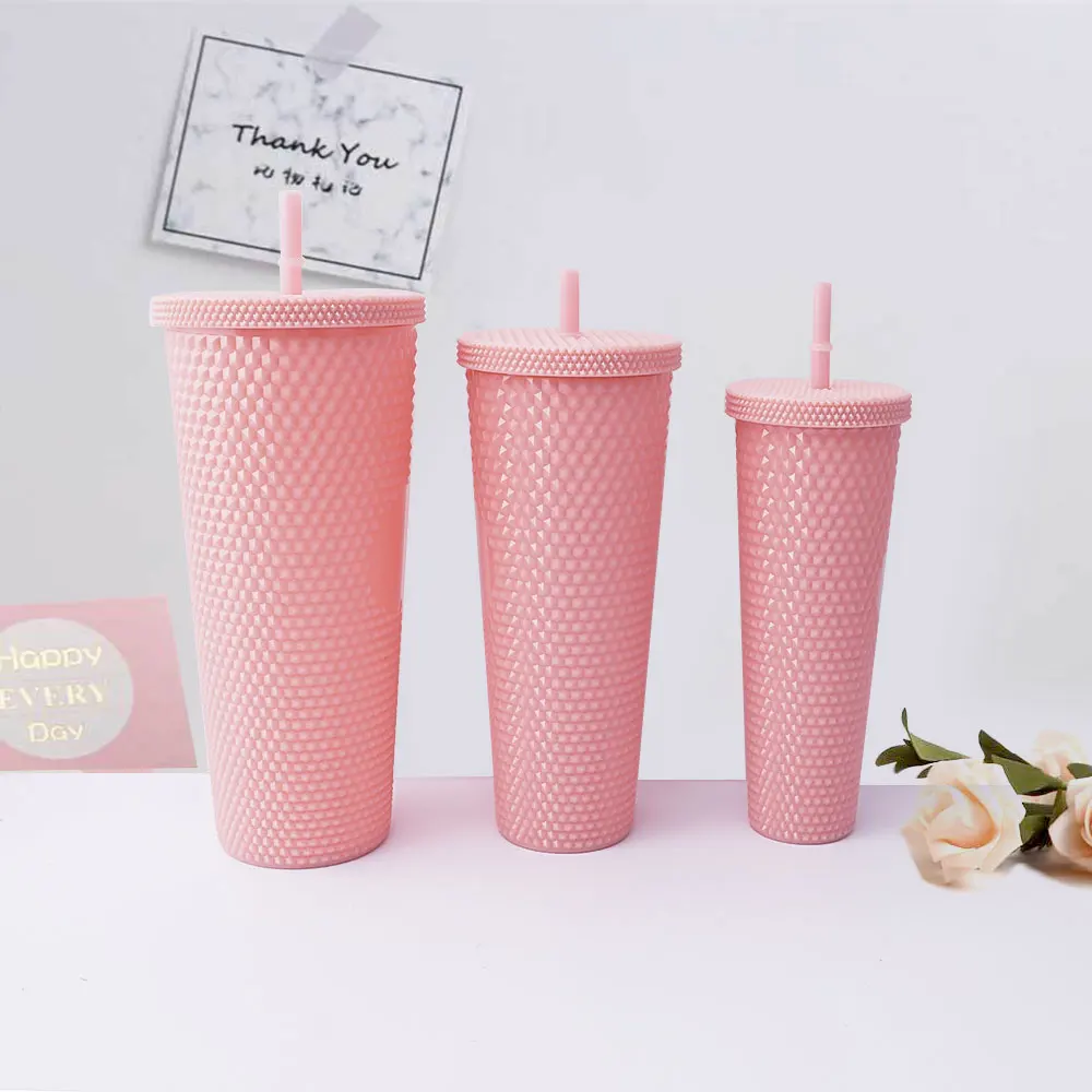 RTS  Colorful Double-Layer Durian Straw Tumbler Modern Design Diamond Glitter Plastic Coffee Cup Set for Parties