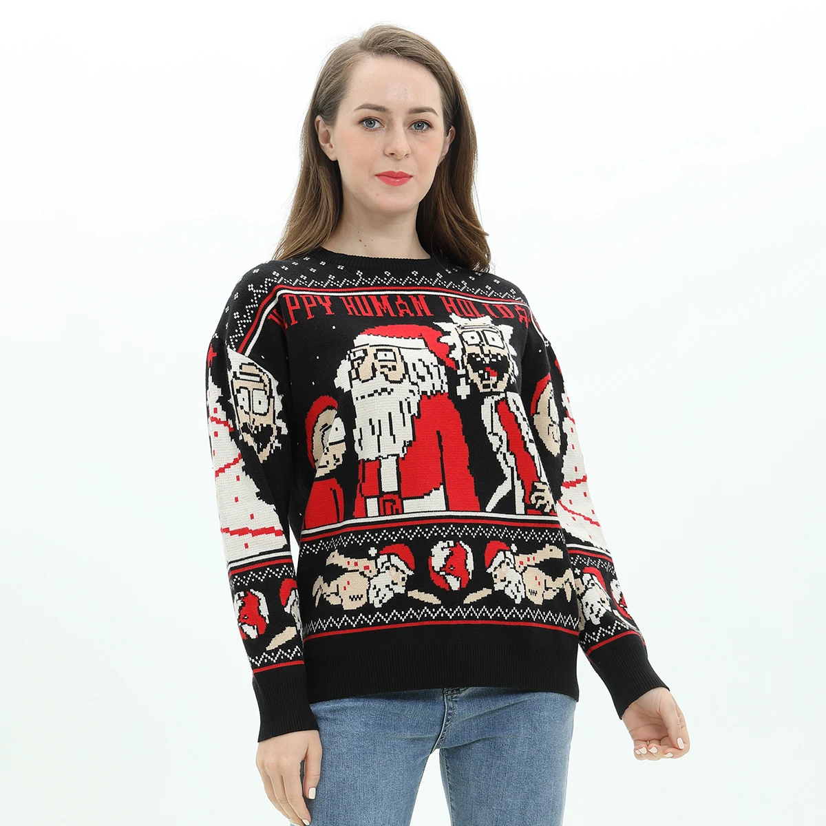 2022 оригинальная зимняя Рождественская одежда OEM & ODM, трикотажная одежда с длинным рукавом, жаккардовый вязаный Уродливый Рождественский свитер унисекс с круглым вырезом