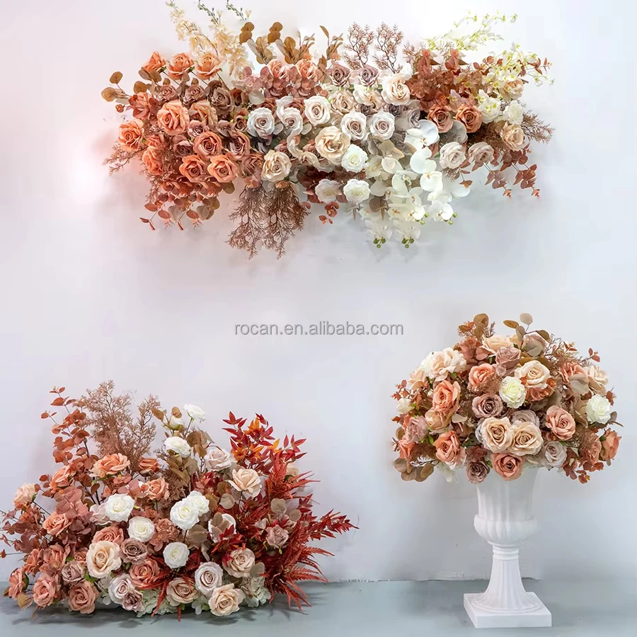 Party Centerpieces Orange Blush Pink Rose Eucalyptus Flower Garland Runner Silk Flower Ball Decorative Wedding