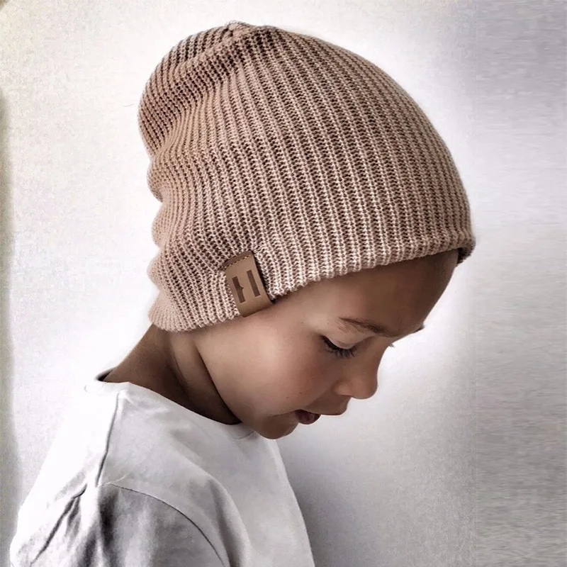 2021 New Leather Label Children Winter Customize Baby Kids Beanie Hat