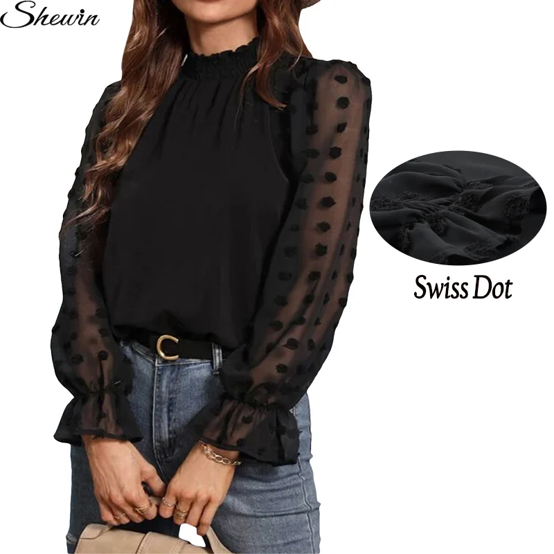 2023 New Arrivals Womens Chiffon Blouse Swiss Dot Puff Sleeve High Neck Elegant Blouses Tops