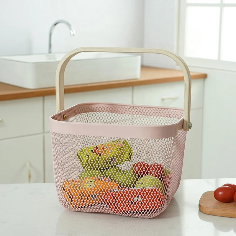 Multi-Functional Metal Wire Hanging Kitchen Fruit Basket with Bamboo Handle for Kitchen storage