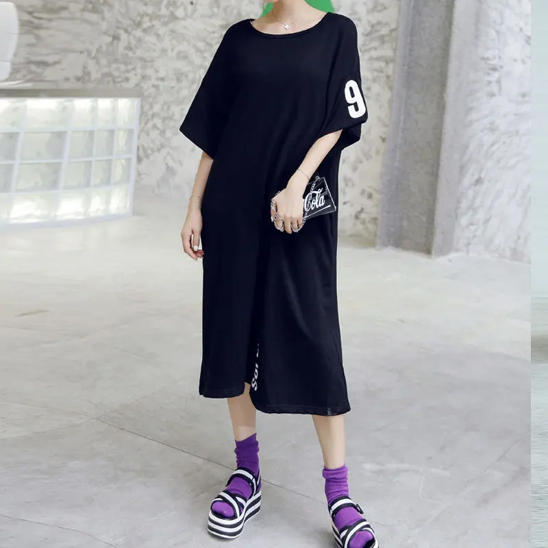 Wholesale European Large Oversized Sexy Slit Cotton Long Summer Dress Fashion Women Clothing Letter Printed Midi T Shirt Dresses