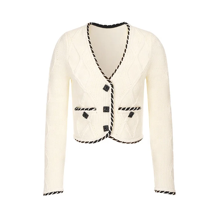 Knitwear manufacturers custom autumn beige v neck long sleeve casual korea cardigan women knit sweater cardigan