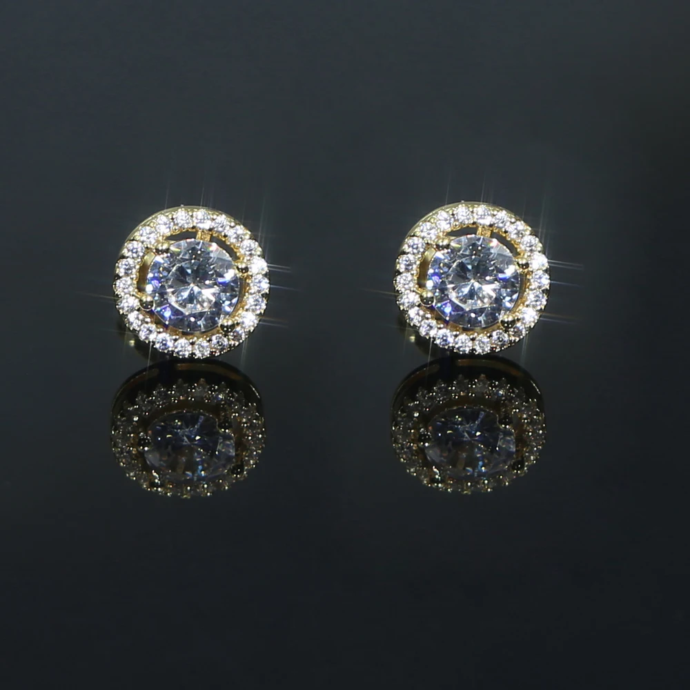iced out bling CZ geometric stud round halo design sparking diamond stud earring