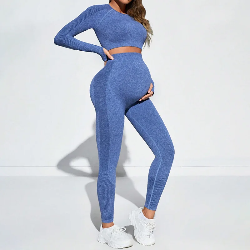 Seamless Knitted Pregnant Women Long Sleeve Yoga Set Europe America Sexy Abdominal Support Peach Hip Tight Maternity Sports Set