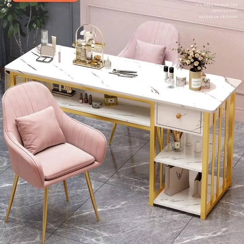 Customized Light Luxury Professional Nail Table Salon Furniture Manicure Tables and Chairs Wooden Marble Top Vanity Table