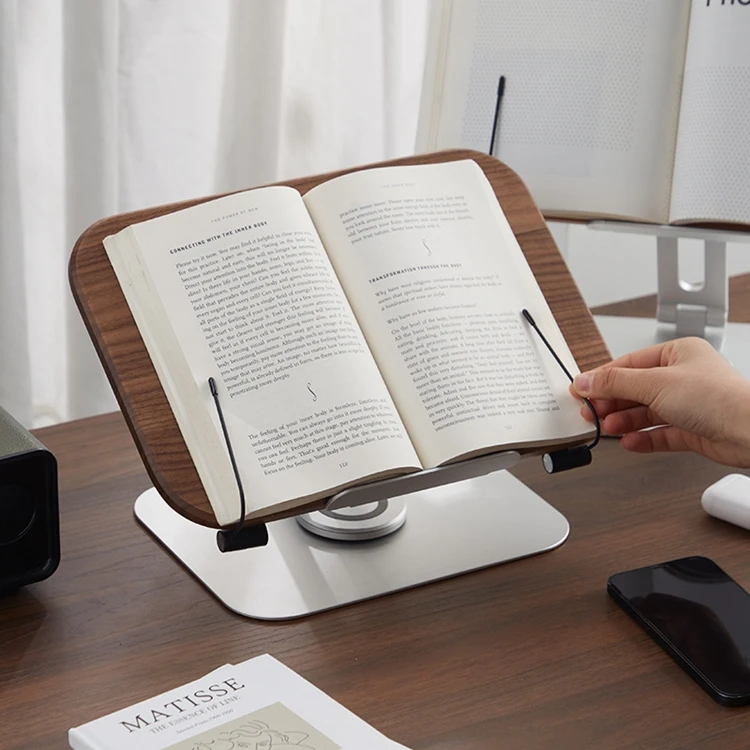 Can Rise and 360 Degree Rotating Adjustable Natural Solid Wood Desktop Wooden Reading Shelf Tablet Tablet Holder Stand