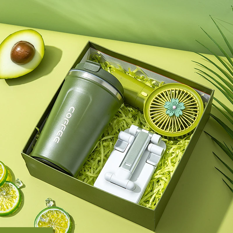 3 in 1 2024 New Product Ideas Vacuum Cup Mug USB Fan Umbrella Towel Gift Set Mini Fan Gift Set