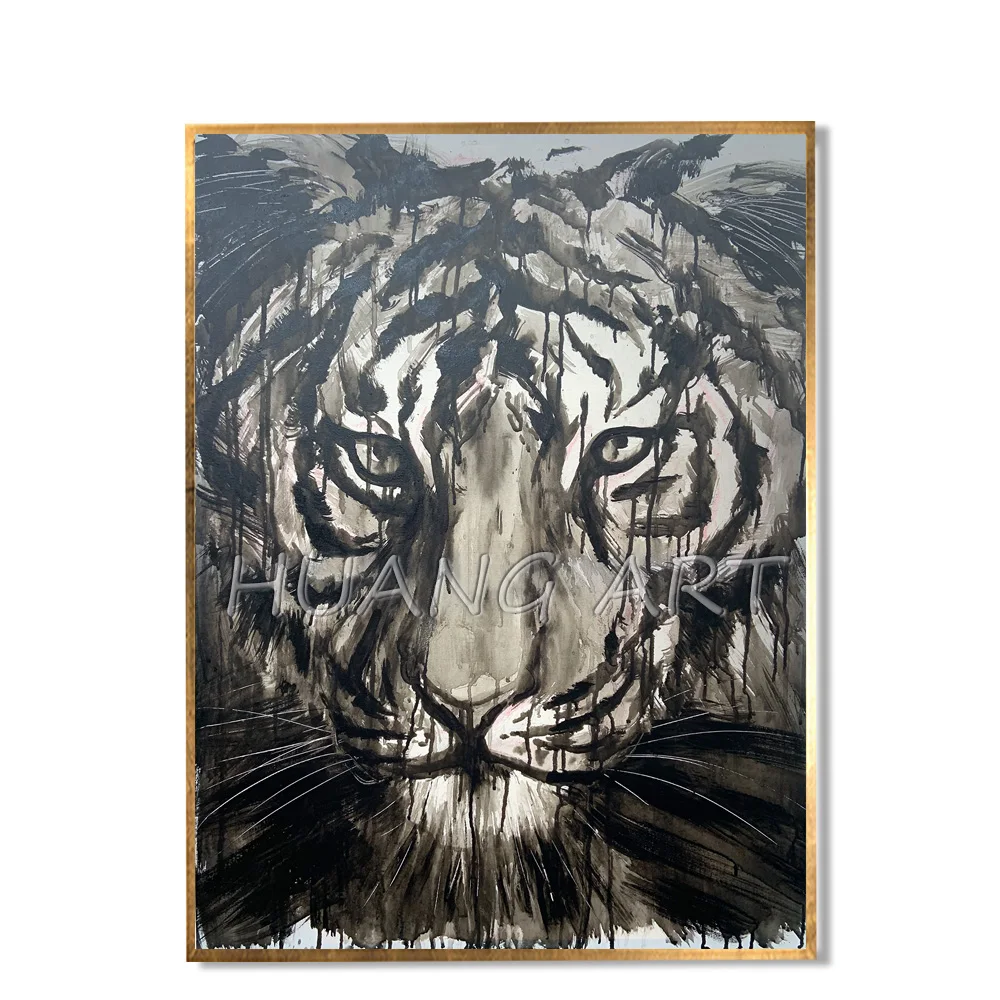 New Arrival Original Artwork Tiger Oil Painting for Room Decor Hand-painted Animal Wall Painting Black and White Tiger Painting