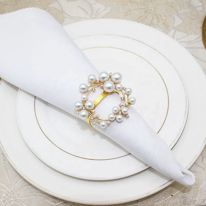 Newest Gold Wreath Napkin Rings Metal Rhinestone Pearl Napkin Ring Holder Flower Napkin Rings Weddings HWP45