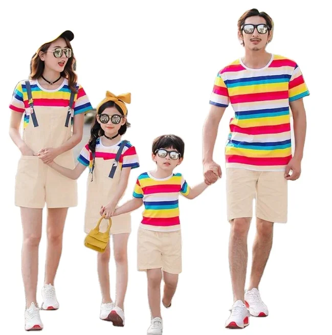 Family School parent-child T shirt and shorts  2 piece Suits Rainbow striped cotton parent-child outfit