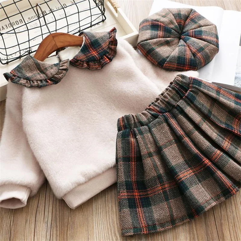 Ms-4 Toddler Baby Girls Dresses Designs Sweatshirt+Skirt+Caps Girls Clothing Sets Wholesale Winter Clothes for Kids Girls