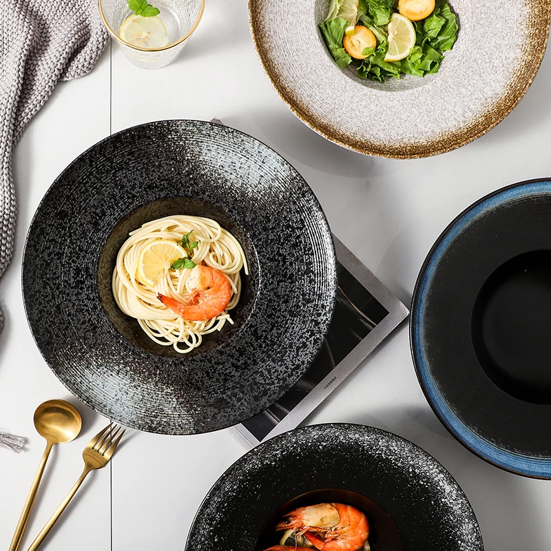 Porcelain Black Round Salad Plate with Rim Ceramic Soup Plate, Direct Factory Deep Plate For Restaurant
