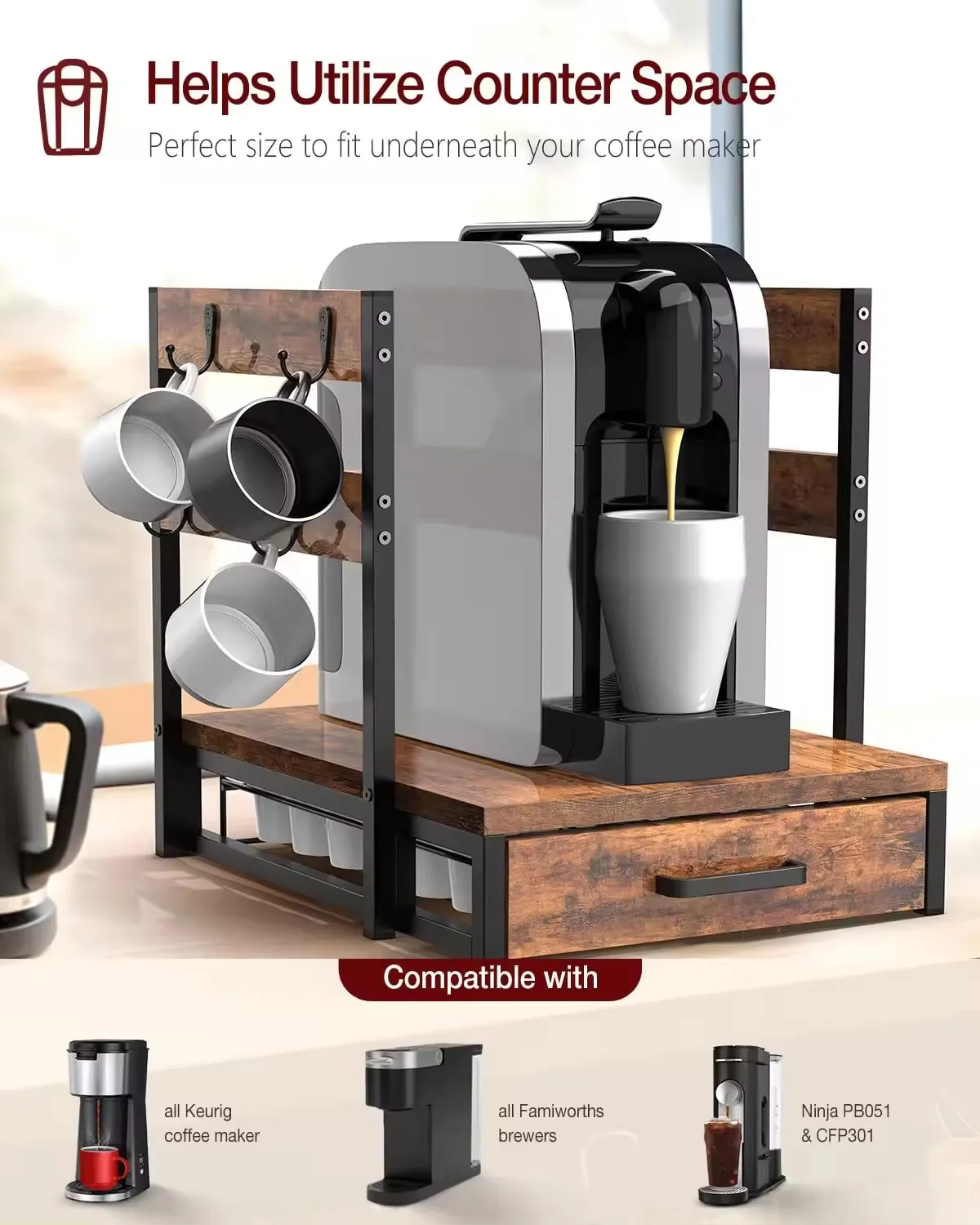 K Cup Holder Drawer Coffee Pod Organizer Durable K-Cup Storage Drawer with Mug Rack Coffee Maker Stand