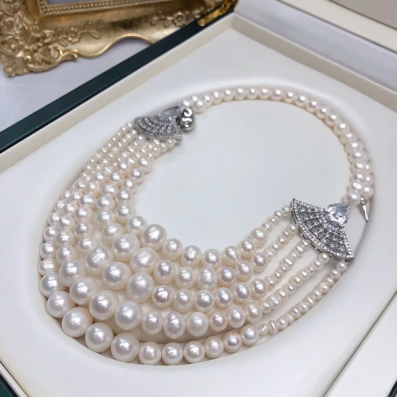 Multilayer High-end Pearl Necklace Vintage Evening Accessory Necklace Pearls Natural Freshwater Necklace Zircon