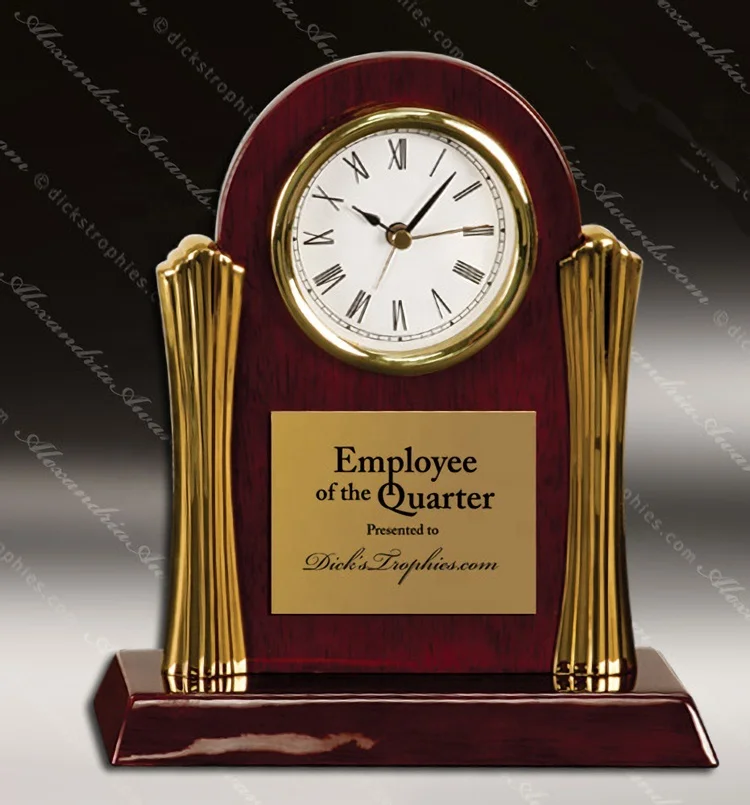 Gold Metal Columns Rosewood Antique Retro Table Clock