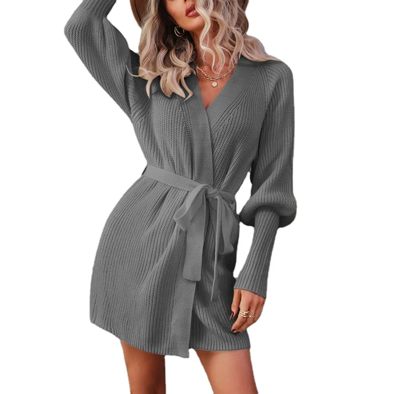 2023 New Fashion Design Autumn Rib Knitted Long Sleeve Cardigan Sweater Dress