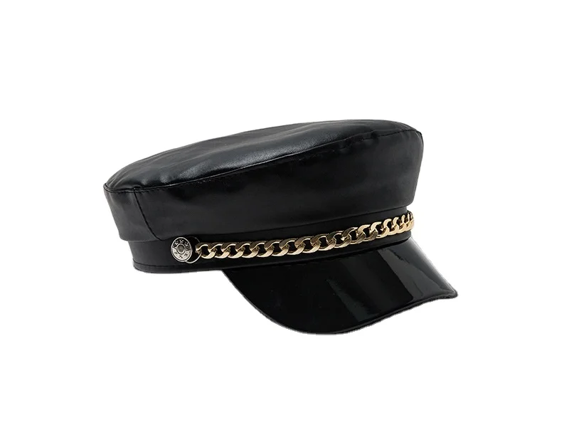 Fashion unisex PU leather military hat autumn travel beret with Captain Cap