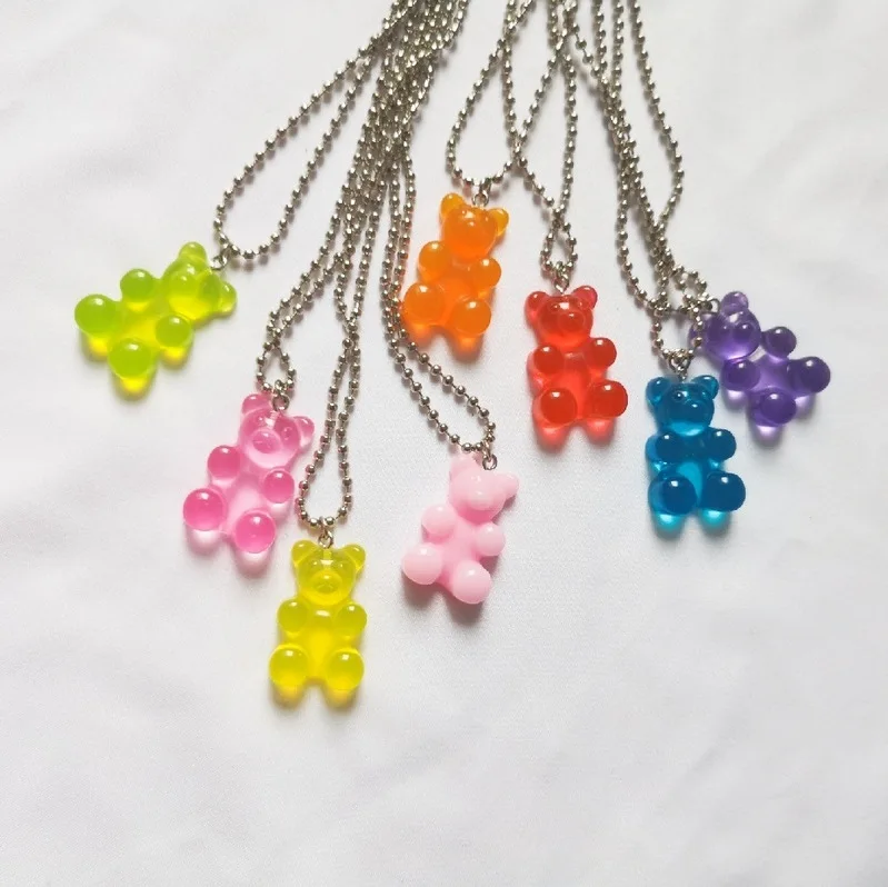 Handmade Cute Resin Gummy Bear Pendant Necklaces Bead chain necklace Candy Color Pendant Daily Jewelry Party Gifts