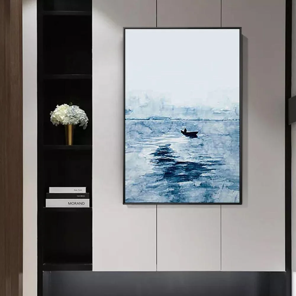 
Abstract blue seascape art canvas painting acrylic paintings on canvas boat ship wall pictures wall art home decor large paint 