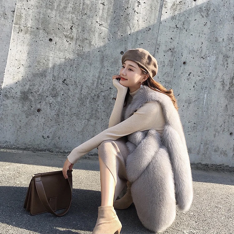 Cool Fashion Winter Fox Fur Gilet Warm Women Real Fox Fur Vest Ladies Grey Fur Vest