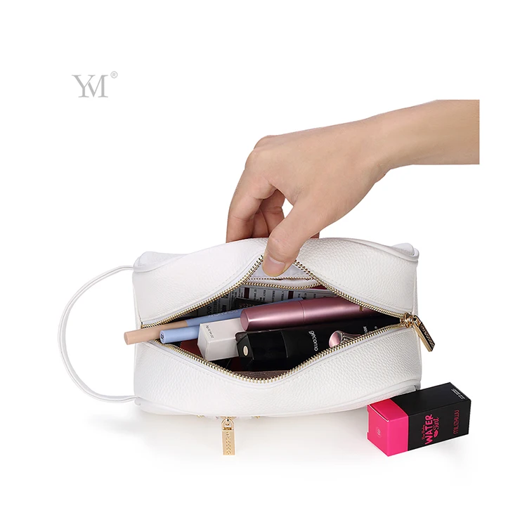 Fashion customized zipper pouch cosmetic bag white leather zip cosmetic make up pouch