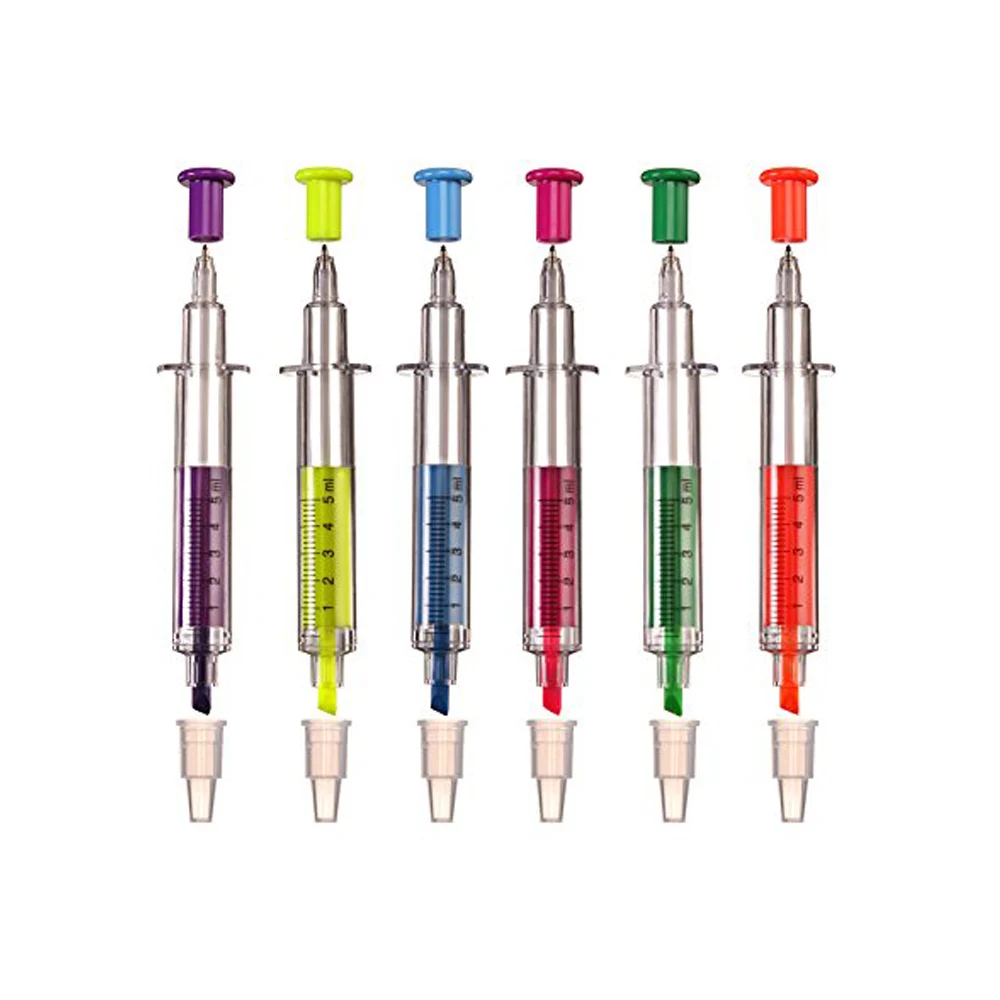 Factory sell 2 in 1 syringe shaped highlighter with ball pen for promotion