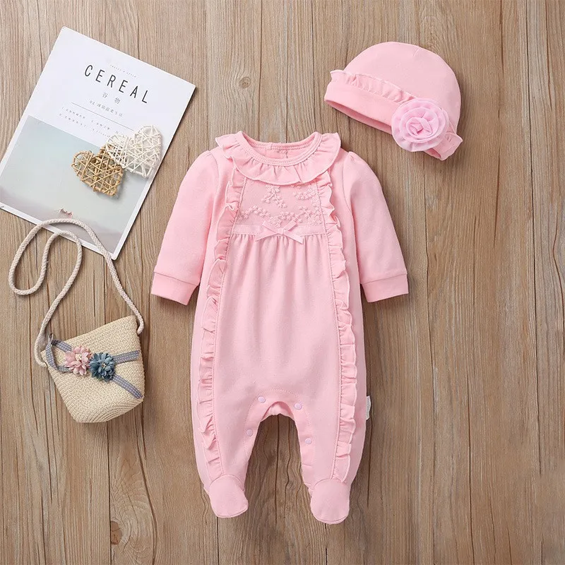 Wholesale New Boutique Infants Girls Clothes Long Sleeves O-neck Rompers New Born Baby Girl 100% Cotton Sweet Jumpsuit For Girls