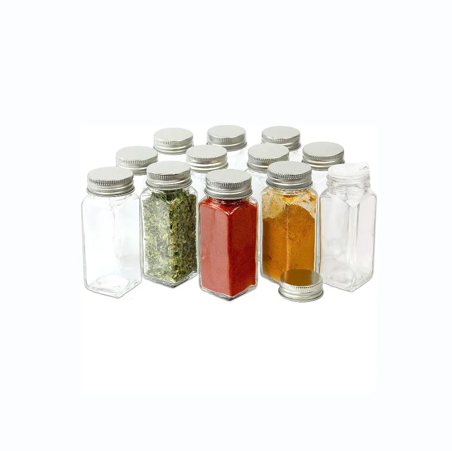 Square 4 oz Mini Glass Spice Jar Set In Bulk With Metal Lids Shaker