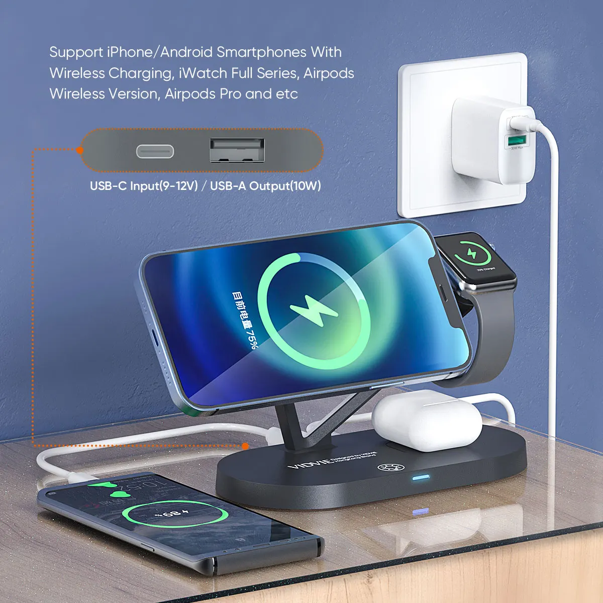 VIDVIE 2021 Newest 5 in 1 Qi Magnetic 15W 3 in 1 Wireless Charger Stand With LED Light
