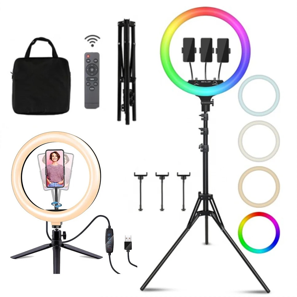 6/8/10/12/14/18/20/21 Inch Photographic Phone Holder RGB  Fill Lamp Mobile Live Video LED Selfie Ring Light With Tripod Stand