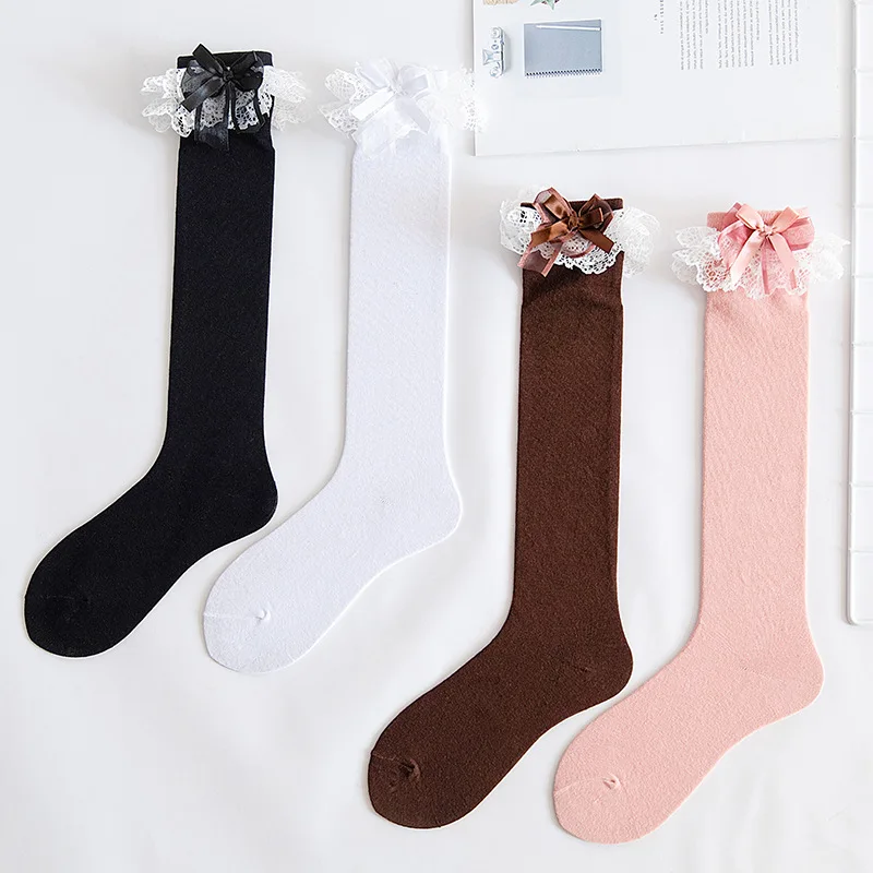 REMOULD Teen Girl Long Tall Cotton Dress Socks Fashion Thigh High Knit Socks With Lace Bow