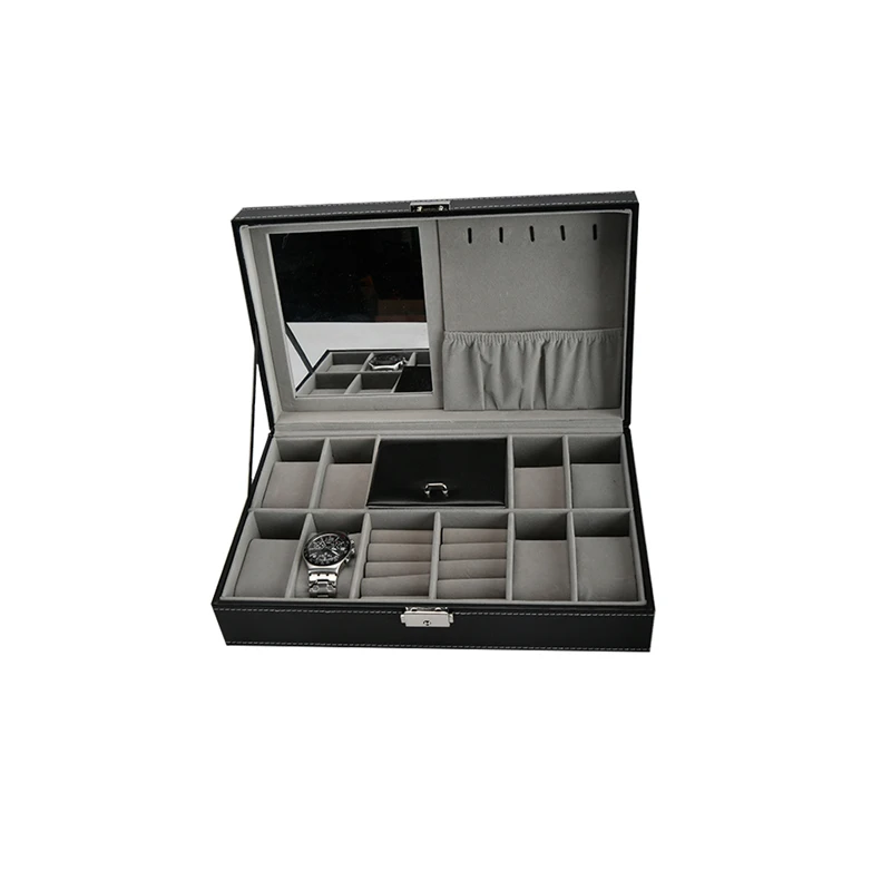 wholesale luxury black leather watch jewellery packaging box portable ring watch organizer box with mirror