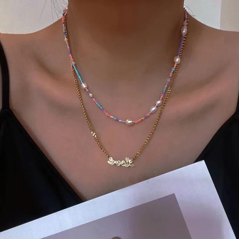 Beach Waterproof Jewelry 18K Stainless Steel Freshwater Pearl Seed Bead Choker Necklace Smiley Pendant Necklaces Wholesale