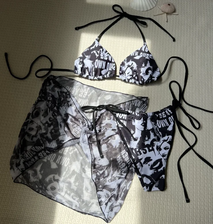 STOCK Movie Person Print Triangle Top 3Pieces Swimwear Sexi Women Bikini Set Sheer Mesh Beach Sarong
