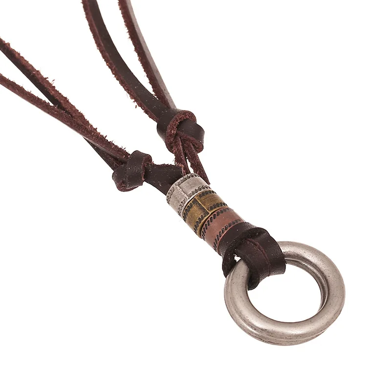Genuine Leather Cord Chain Jewelry Vintage Hollow Square Pendant Necklace Mens Charm Bronze Antique Necklace Size Adjustable