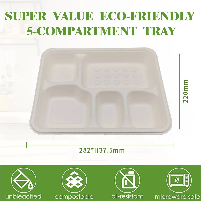 Rectangle Disposable Compostable  Sugarcane Bagasse Divided Plates Biodegradable 5 Compartment Paper Plate