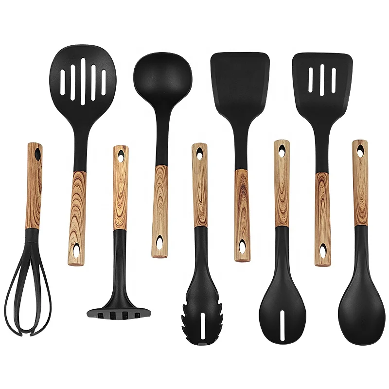 
Amazon hot sell plastic cooking utensil set 9 piece wood pattern handle non-stick nylon kitchen tools for cookware 