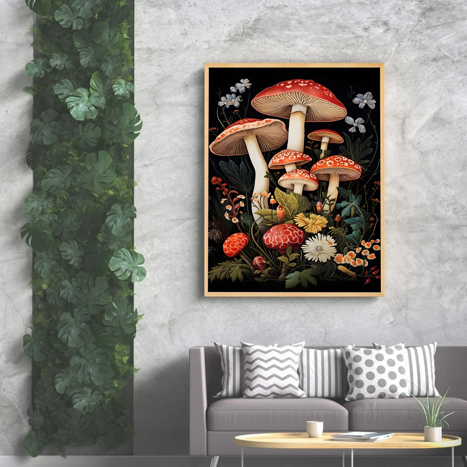 Dark Fantasy Nature Wall Decor Preppy Botanical Mushroom Poster Framed in Art Deco Style for Whimsical Dormitory Home Decor