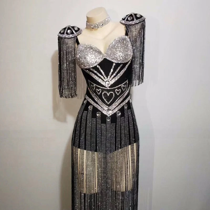 New Crystals Epaulet Sexy Women Sparkly Tassel Outfit Celebrate Costume Stage Party Singer Dance Wear Fringes Leotard