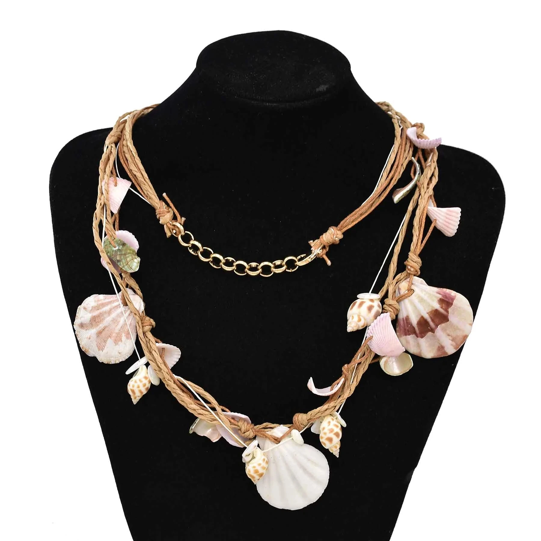 Boho Braided Rattan Shell Pendant necklace for Women Girls Handmade Woveing Hanging Multilayer Long Chain Friendship Waterproof