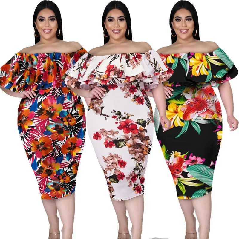 2022 Summer Ladies Elegant Dress Women Floral Off Shoulder Midi Dress Plus Size Dress