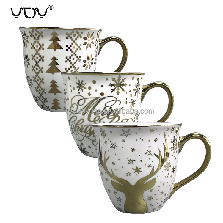 YDY Porcelain Factory Cheap Ceramic Porcelain Metal Design Cups Golden Mug Christmas Ceramic Mug Coffee Mugs With Gold Handle