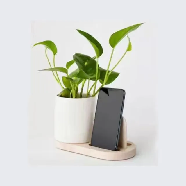 Ceramic Flower Pot with Phone Holder Home and Office Desktop Ornament Ceramic Planter Pot with Bamboo Tray