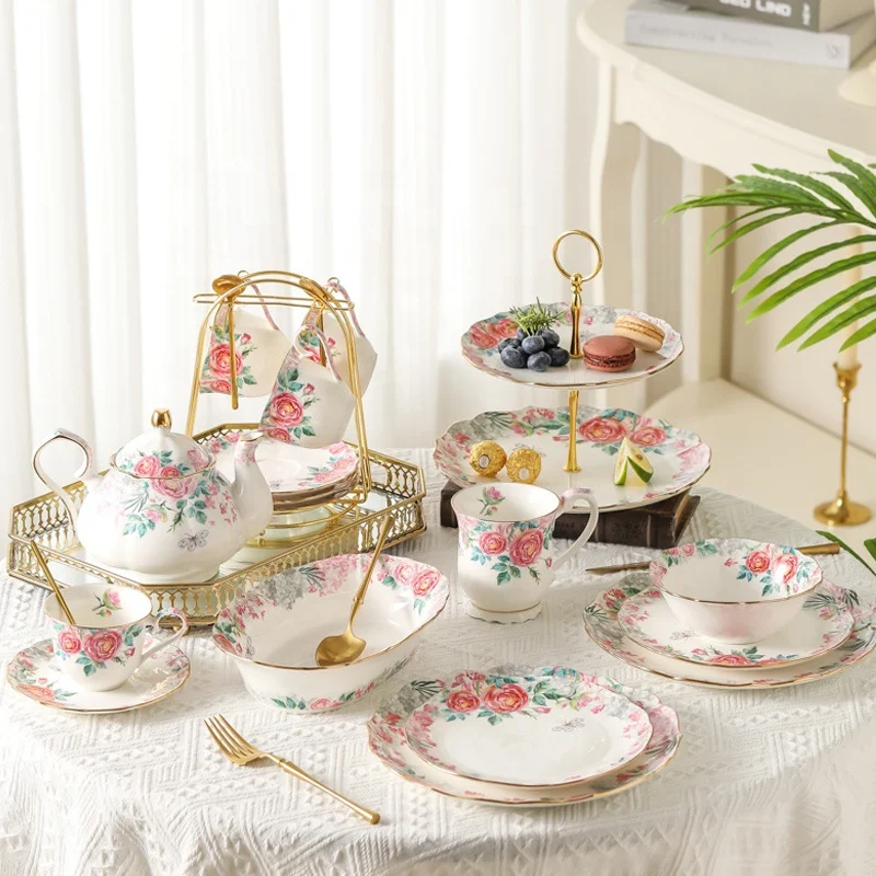 Pink Rose Garden Ceramic Coffee Cup Afternoon Teapot Dessert Cake Dinner Plate Tableware Tea Cup and Saucer Set